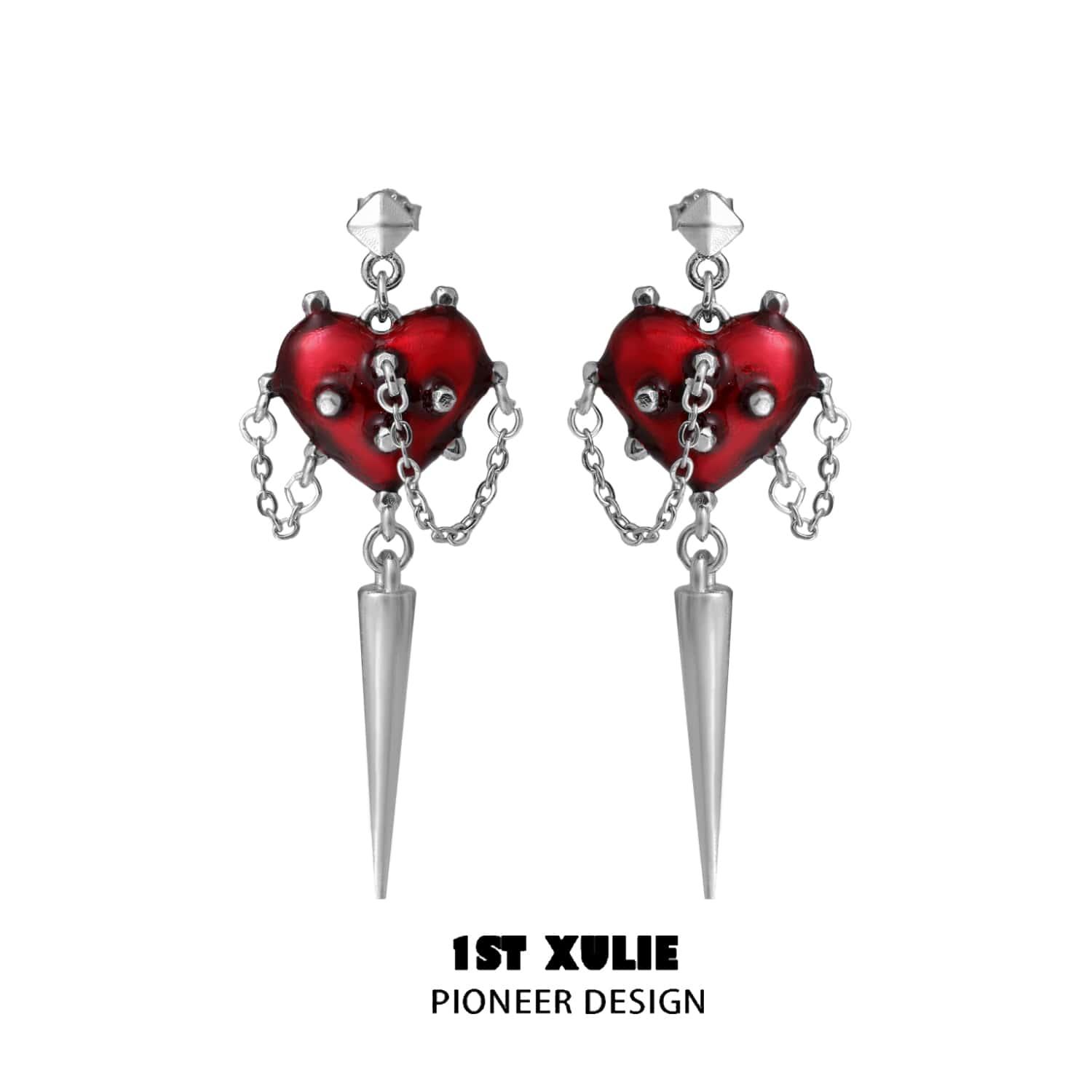 1ST XULIE "Forbidden Love" Rivet Dangle Earrings in Platinum Plate - Detail Shot