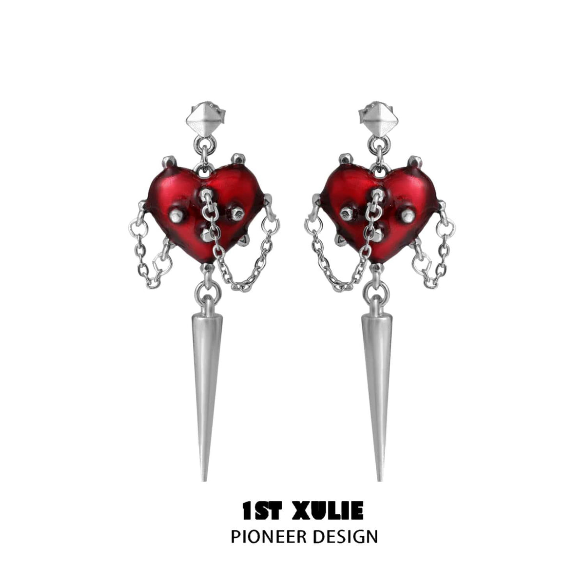 1ST XULIE "Forbidden Love" Rivet Dangle Earrings in Platinum Plate - Detail Shot