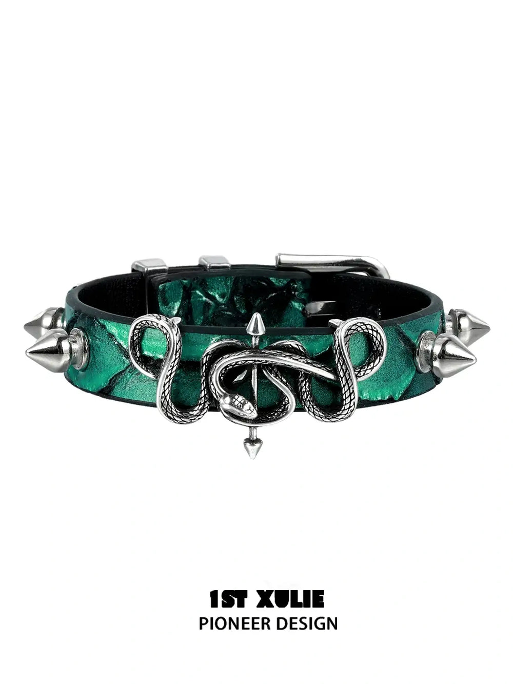 1ST XULIE "Snake Bite" Rivet Leather Cuff Bracelet in Platinum Plated - Lifestyle Shot