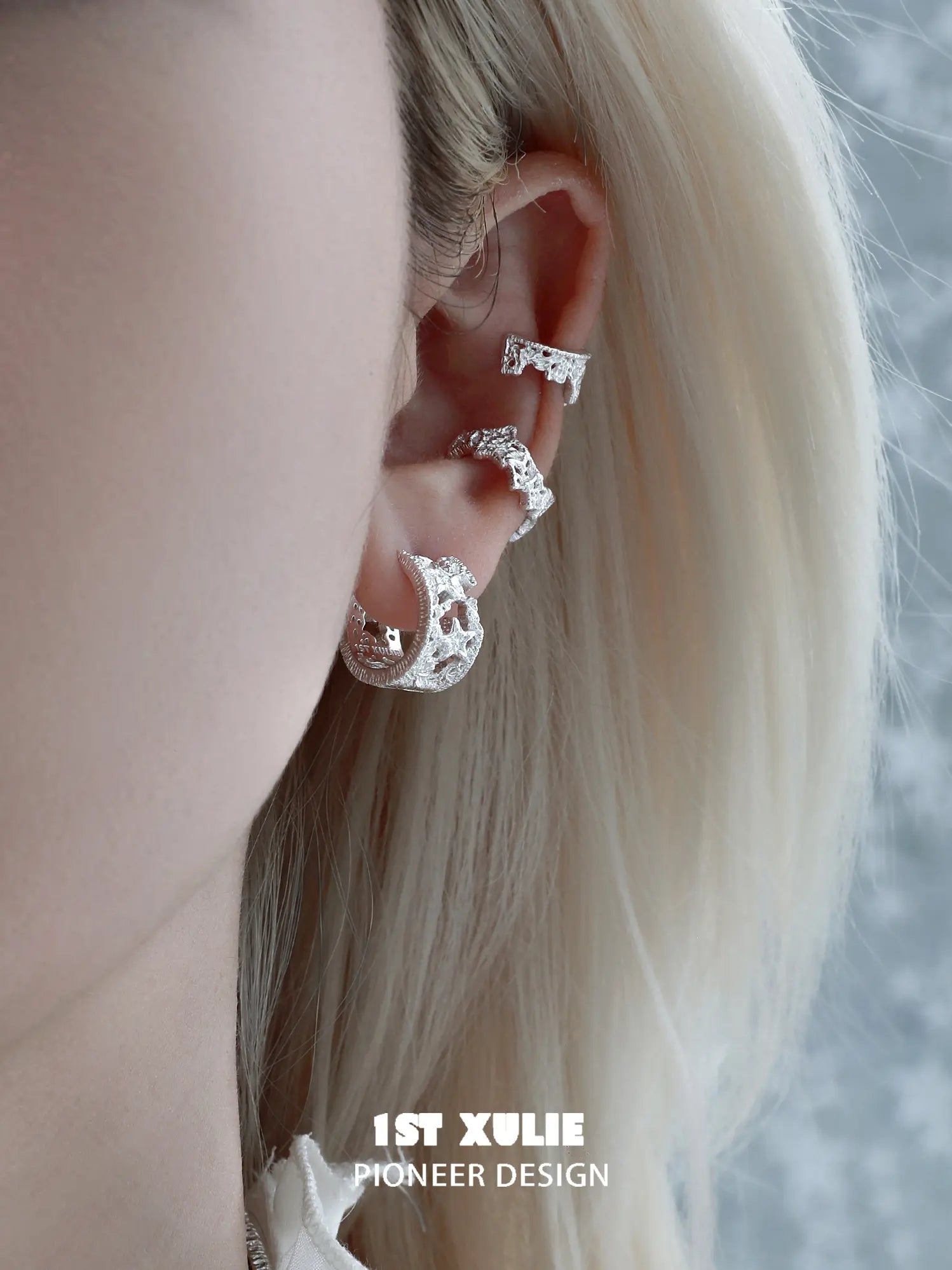 1ST XULIE Jewelry "STARLIGHT LACE" Rococo Lace Star Huggie Hoop Earrings in Silver Plated Brass - Angle 2