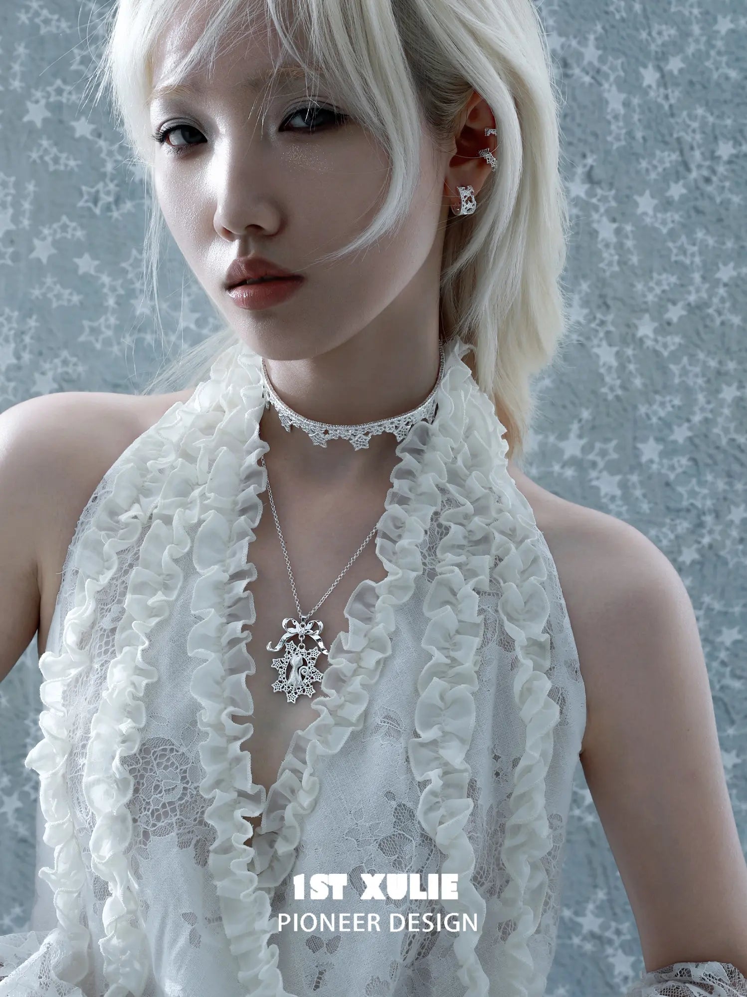 1ST XULIE Jewelry "STARLIGHT LACE" Rococo Lace Star Huggie Hoop Earrings in Silver Plated Brass - Product View