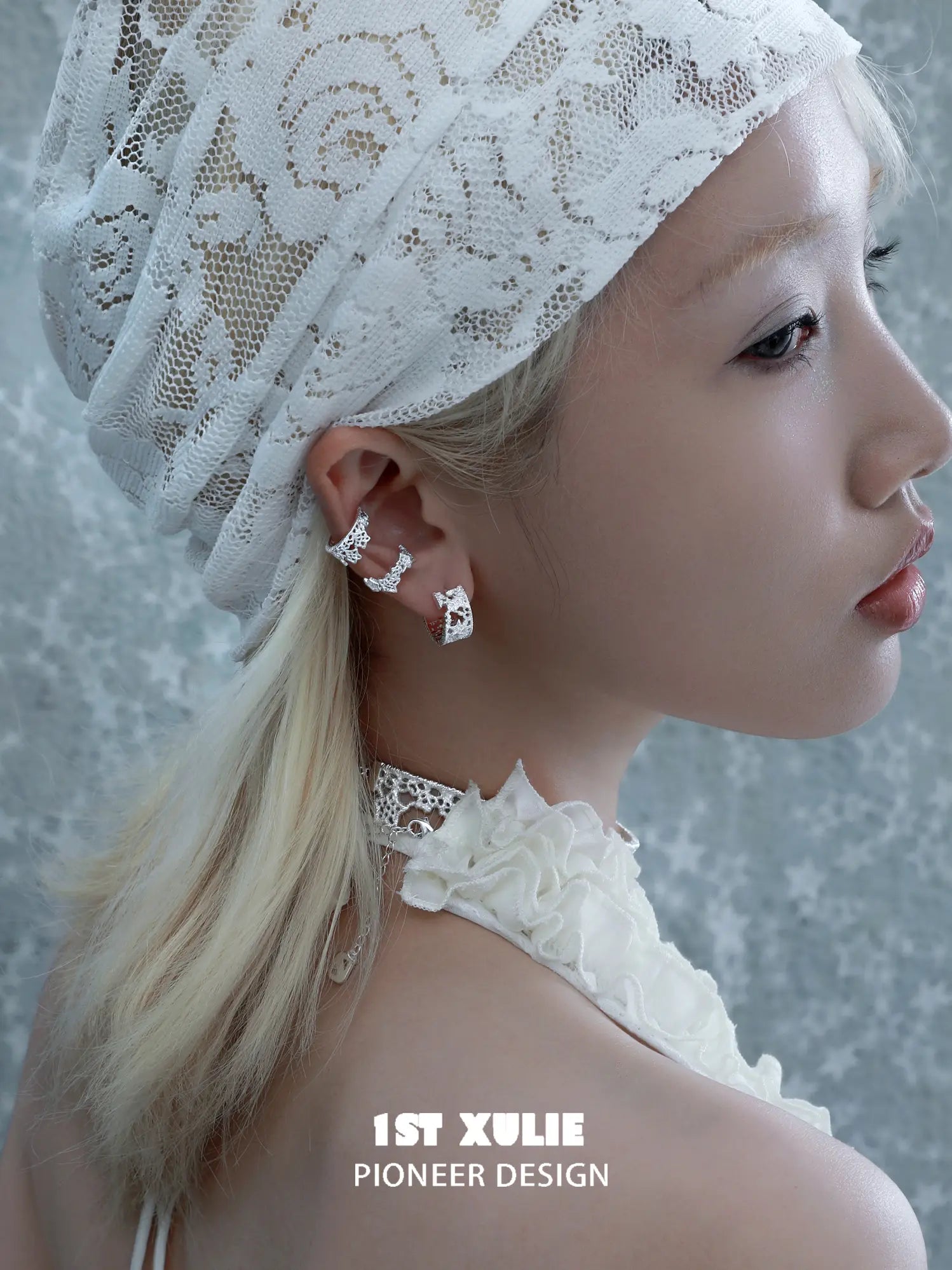 1ST XULIE Jewelry "STARLIGHT LACE" Rococo Lace Star Huggie Hoop Earrings in Silver Plated Brass - On Model