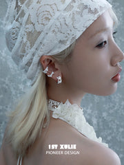 1ST XULIE Jewelry "STARLIGHT LACE" Rococo Lace Star Huggie Hoop Earrings in Silver Plated Brass - On Model