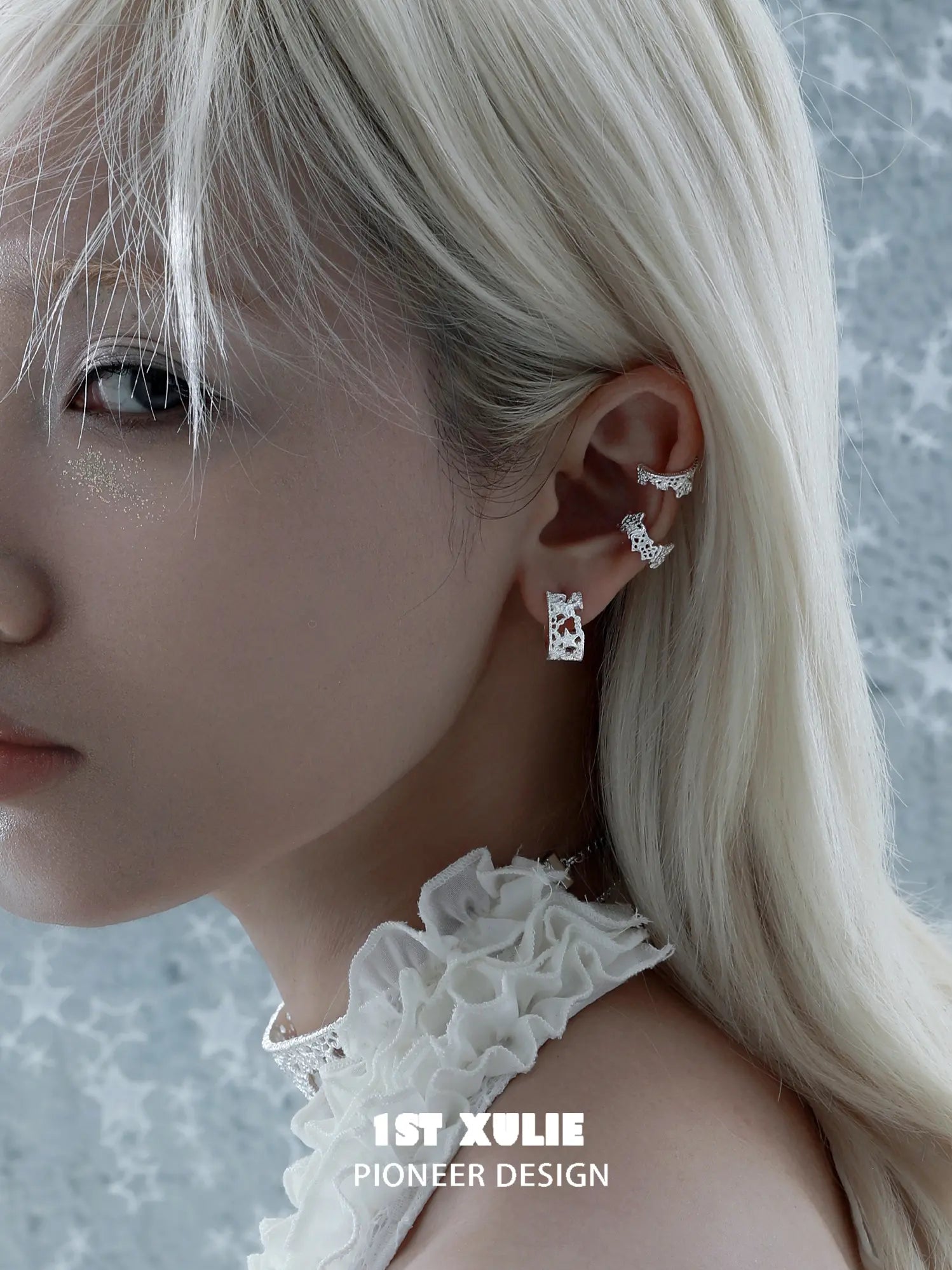 1ST XULIE Jewelry "STARLIGHT LACE" Rococo Lace Star Huggie Hoop Earrings in Silver Plated Brass - Side View