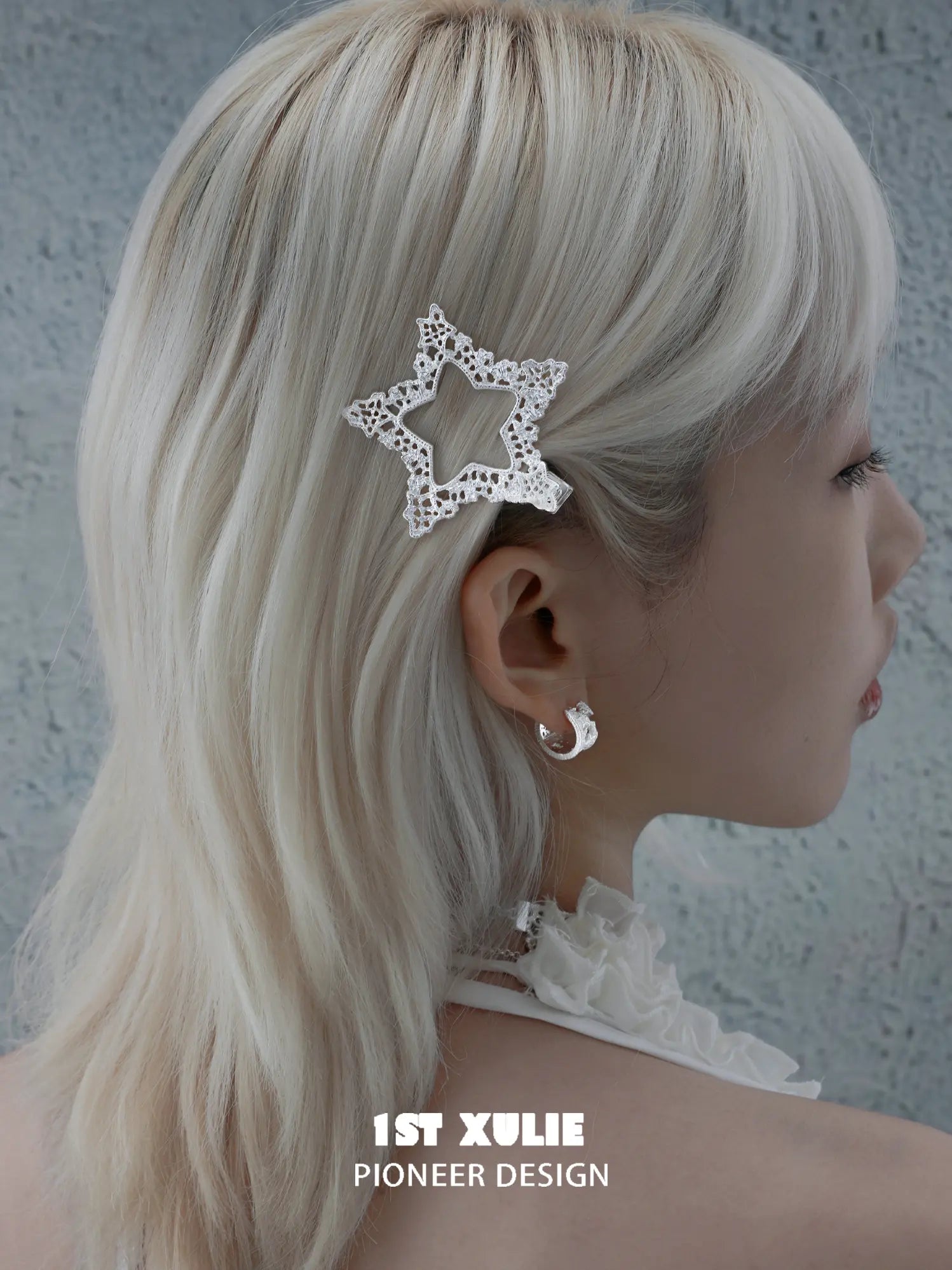 1ST XULIE Jewelry "STARLIGHT LACE" Rococo Star Hair Clip in Rhodium Plated - On Model