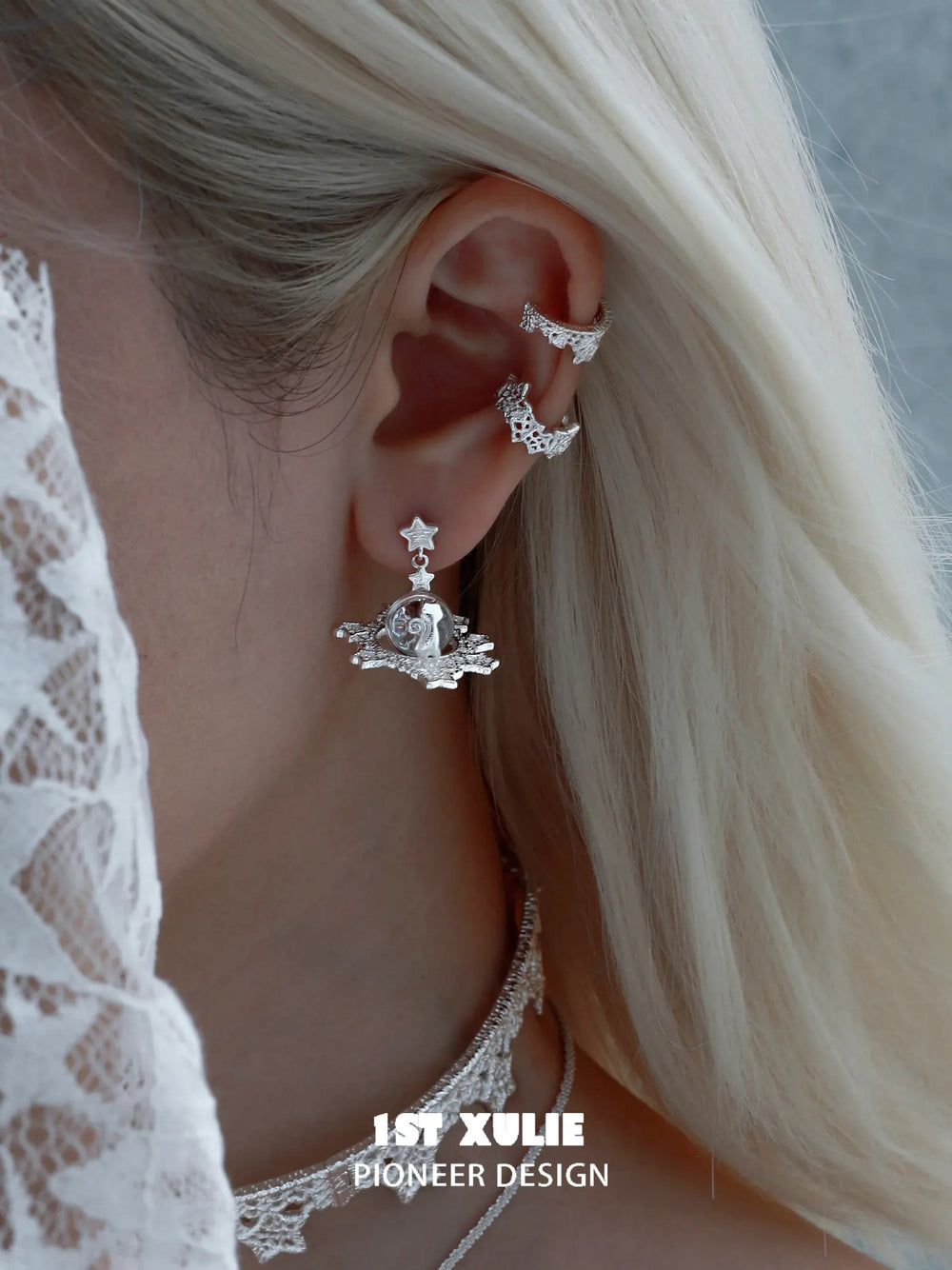 "STARLIGHT LACE" Silver Plated Rococo Star Lace Ear Cuffs, Cartilage Earrings - Image 16
