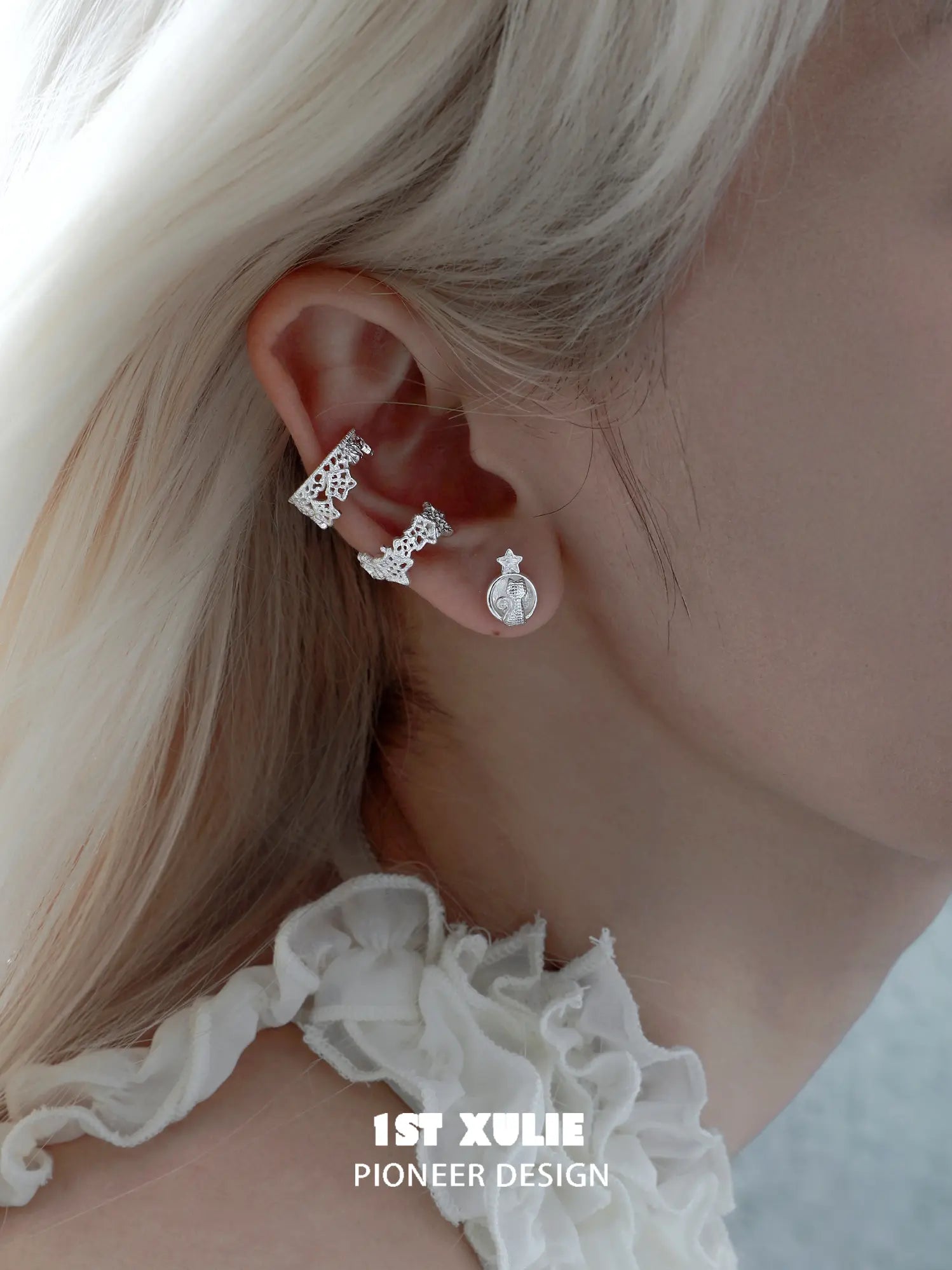 1ST XULIE Jewelry "STARLIGHT LACE" Rococo Star Lace Ear Cuffs in Silver - Detail Shot