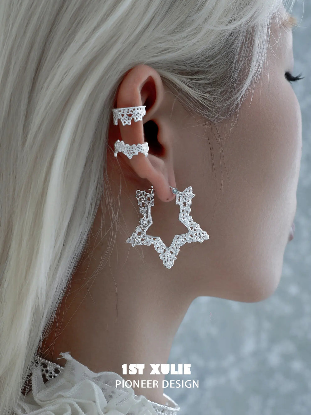 1ST XULIE Jewelry "STARLIGHT LACE" Rococo Star Statement Hoop Earrings in Platinum Plated - Angle 1