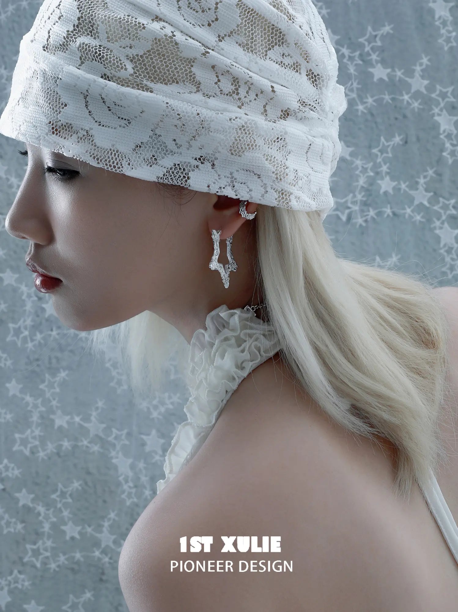 1ST XULIE Jewelry "STARLIGHT LACE" Rococo Star Statement Hoop Earrings in Platinum Plated - Detail Shot