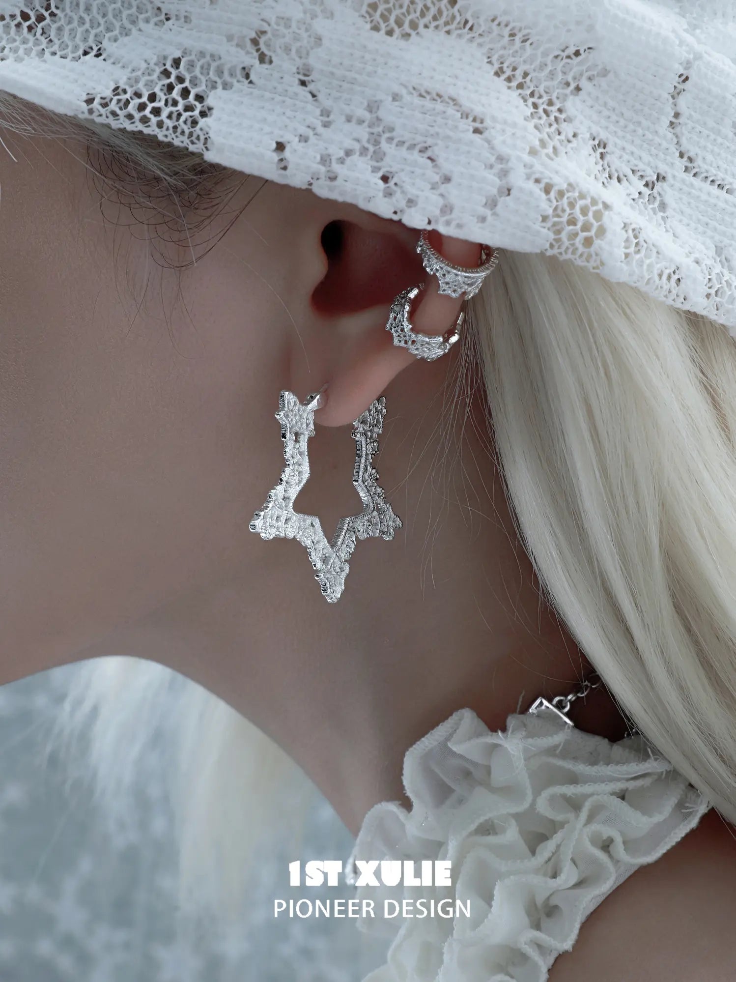 1ST XULIE Jewelry "STARLIGHT LACE" Rococo Star Statement Hoop Earrings in Platinum Plated - Lifestyle Shot