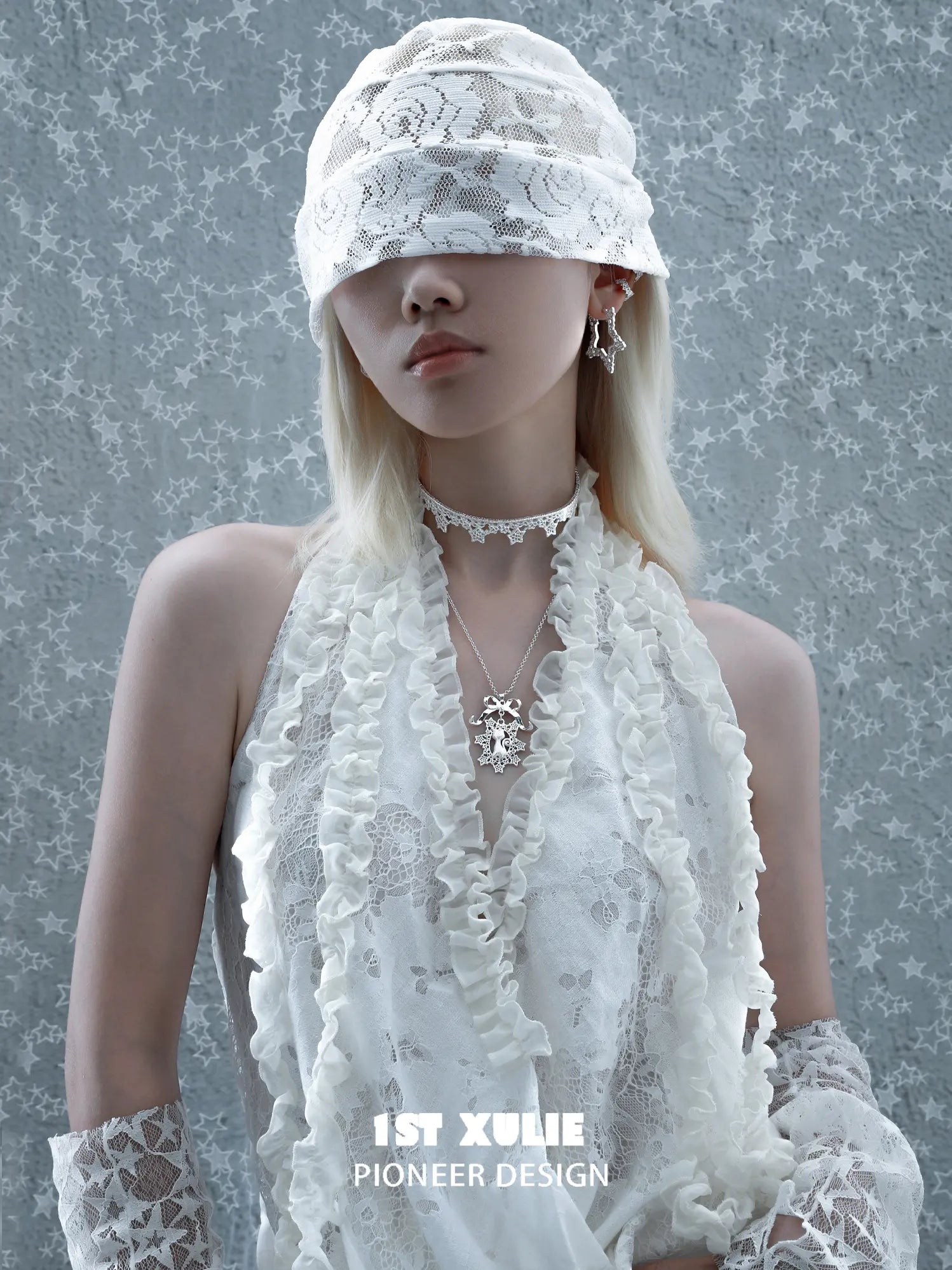 1ST XULIE Jewelry "STARLIGHT LACE" Rococo Star Statement Hoop Earrings in Platinum Plated - Product View