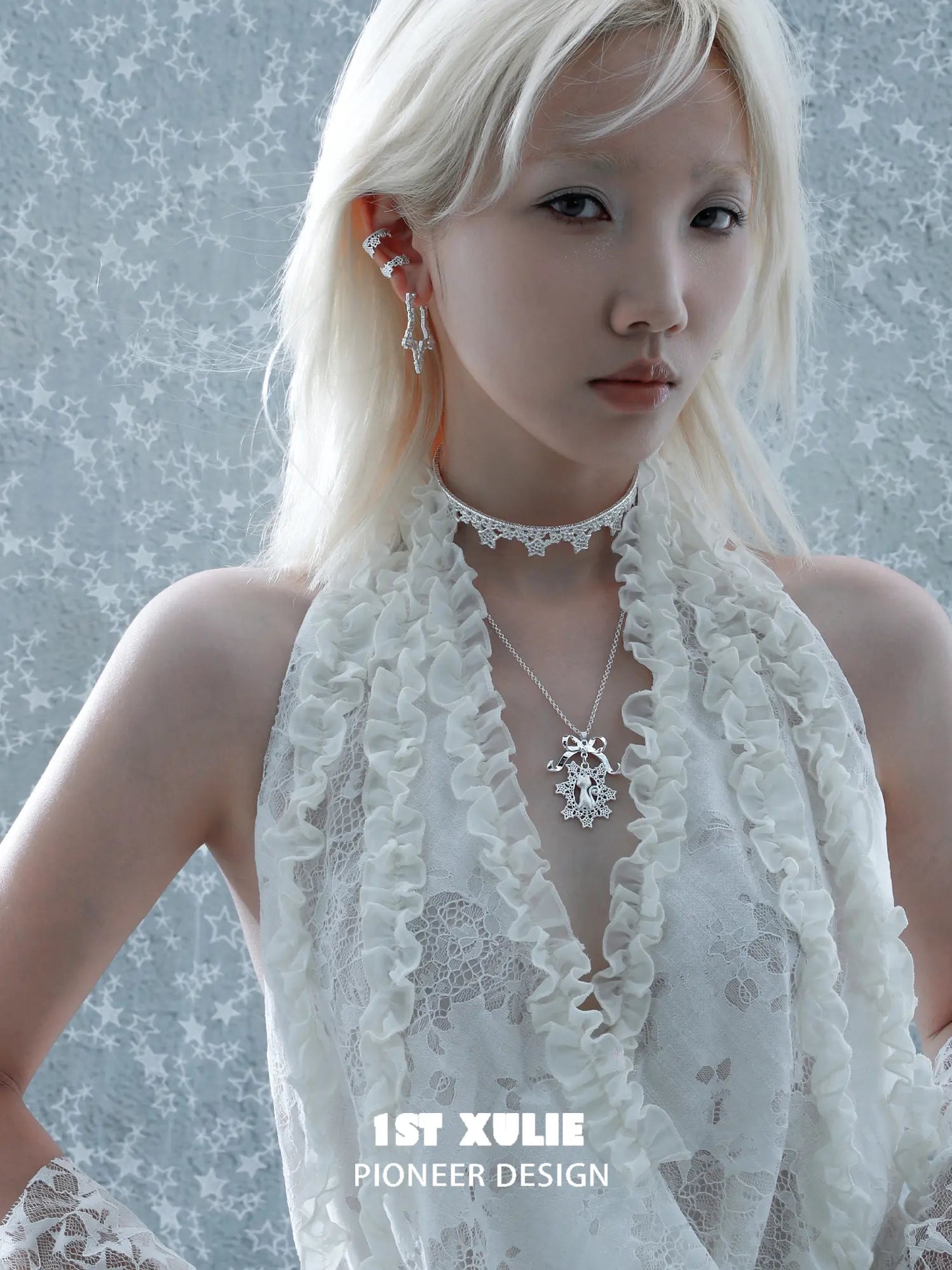 1ST XULIE Jewelry "STARLIGHT LACE" Rococo Star Statement Hoop Earrings in Platinum Plated - Side View