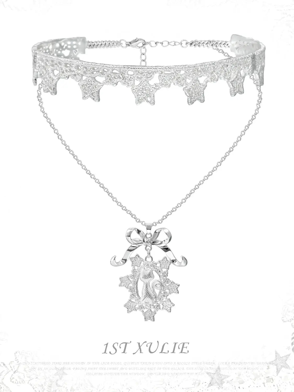 1ST XULIE Jewelry "STARLIGHT LACE" Rococo Starlight Lace Pendant Necklace in Rhodium Plated Brass - Angle View