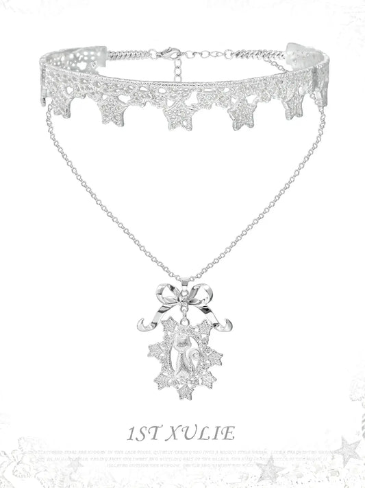 1ST XULIE Jewelry "STARLIGHT LACE" Rococo Starlight Lace Pendant Necklace in Rhodium Plated Brass - Angle View