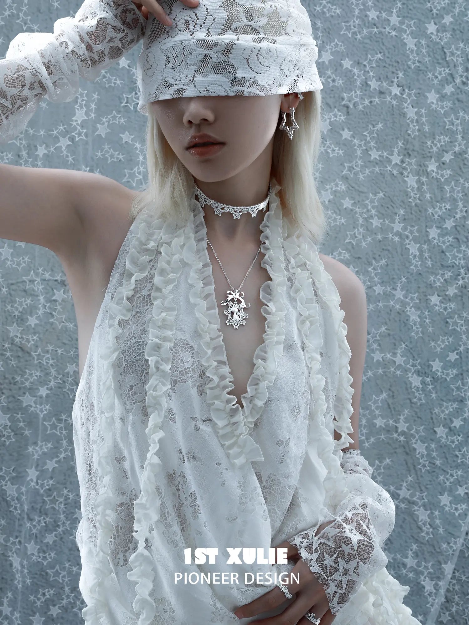 1ST XULIE Jewelry "STARLIGHT LACE" Rococo Starlight Lace Pendant Necklace in Rhodium Plated Brass - Detail Shot