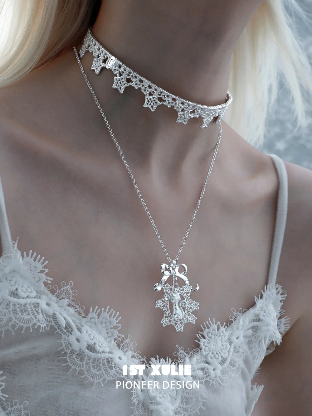 1ST XULIE Jewelry "STARLIGHT LACE" Rococo Starlight Lace Pendant Necklace in Rhodium Plated Brass - Lifestyle Shot