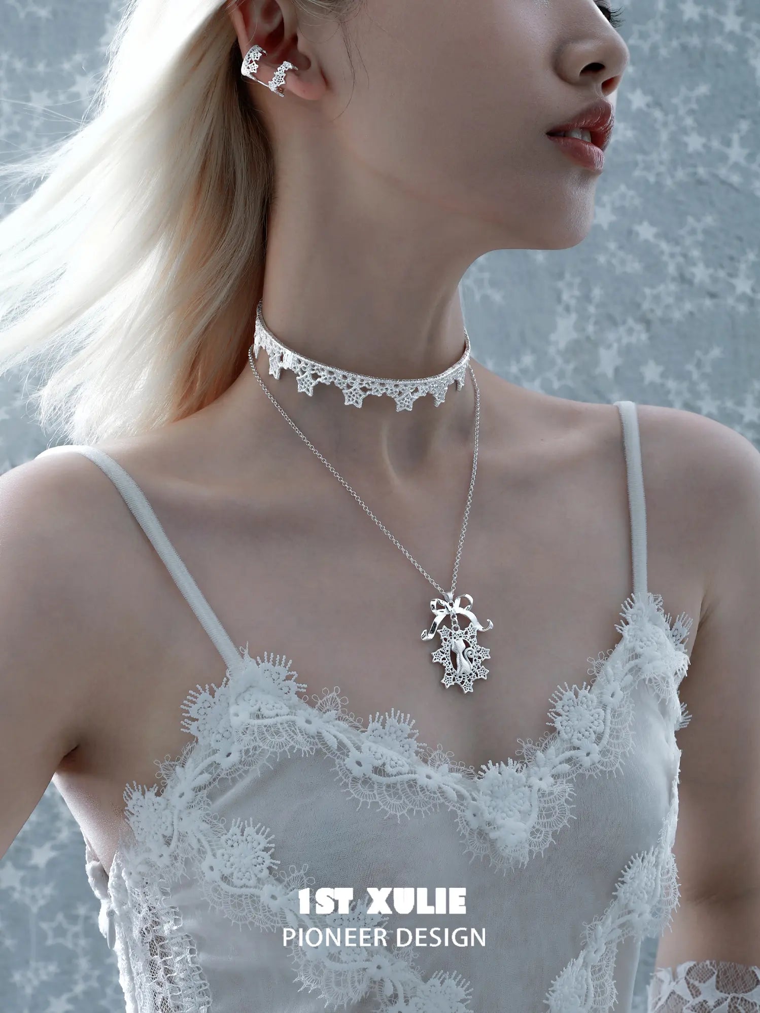 1ST XULIE Jewelry "STARLIGHT LACE" Rococo Starlight Lace Pendant Necklace in Rhodium Plated Brass - Product View