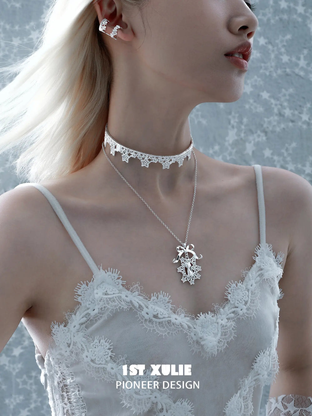 1ST XULIE Jewelry "STARLIGHT LACE" Rococo Starlight Lace Pendant Necklace in Rhodium Plated Brass - Product View