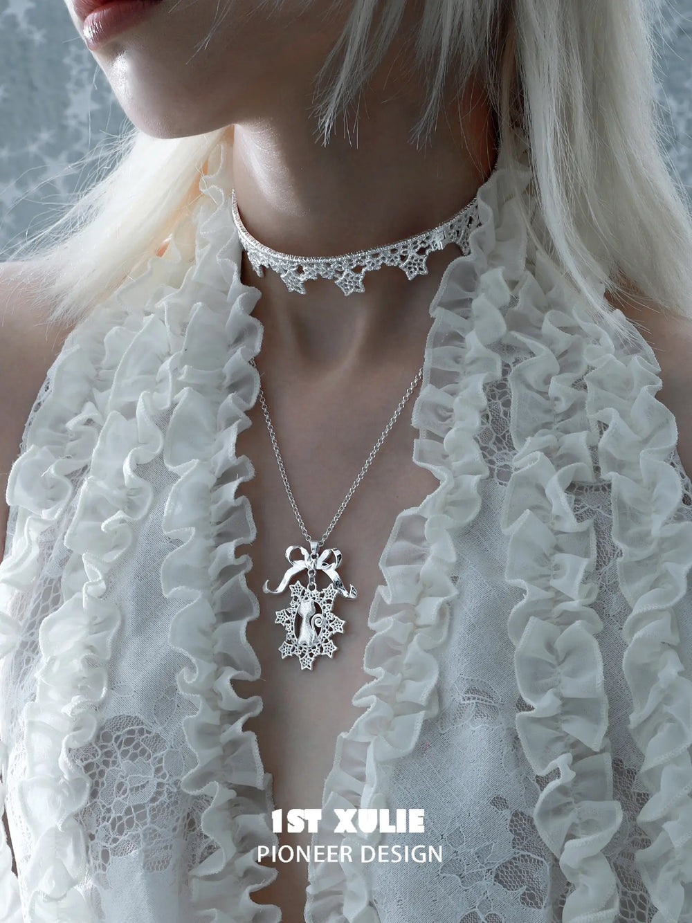 1ST XULIE Jewelry "STARLIGHT LACE" Rococo Starlight Lace Pendant Necklace in Rhodium Plated Brass - On Model