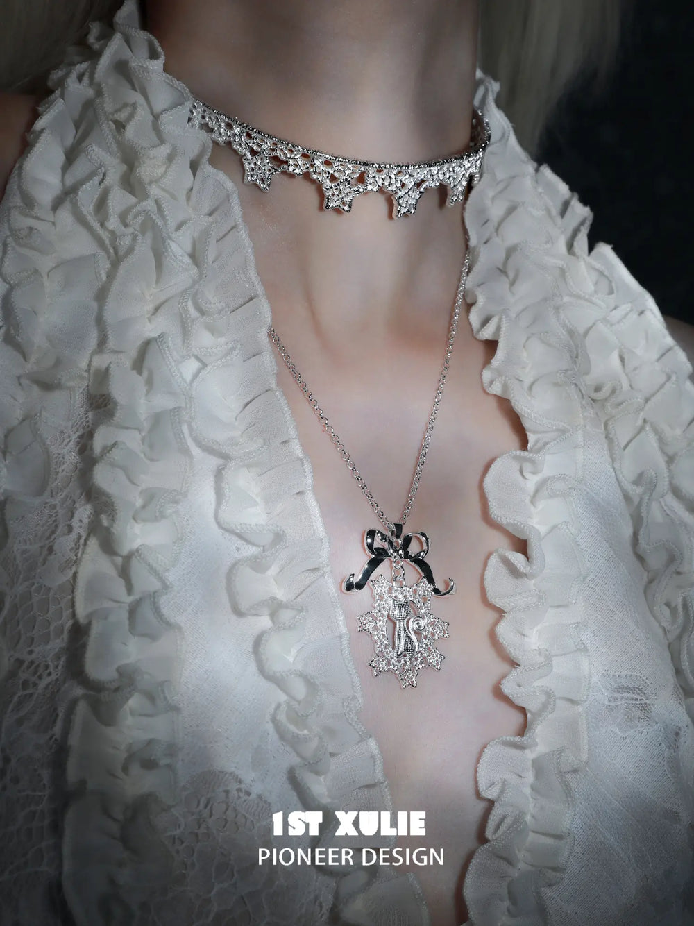 1ST XULIE Jewelry "STARLIGHT LACE" Rococo Starlight Lace Pendant Necklace in Rhodium Plated Brass - Side View