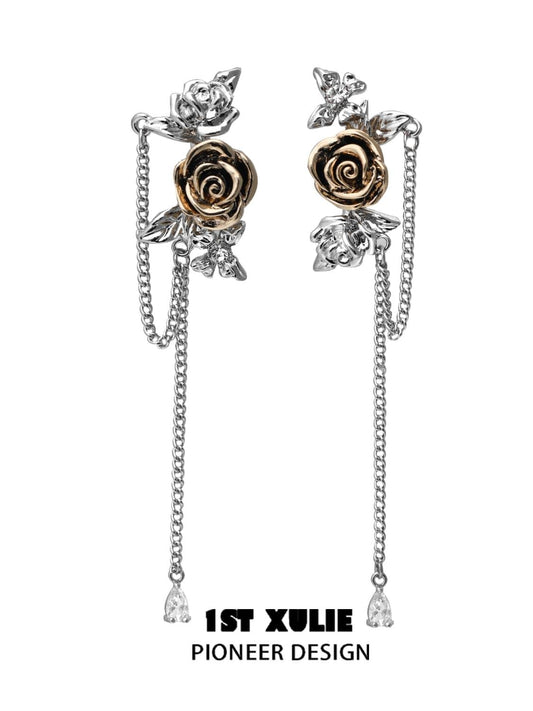 1ST XULIE "Golden Rose" Romantic Rose Chain Ear Clips in 18K Gold Plated - On Model