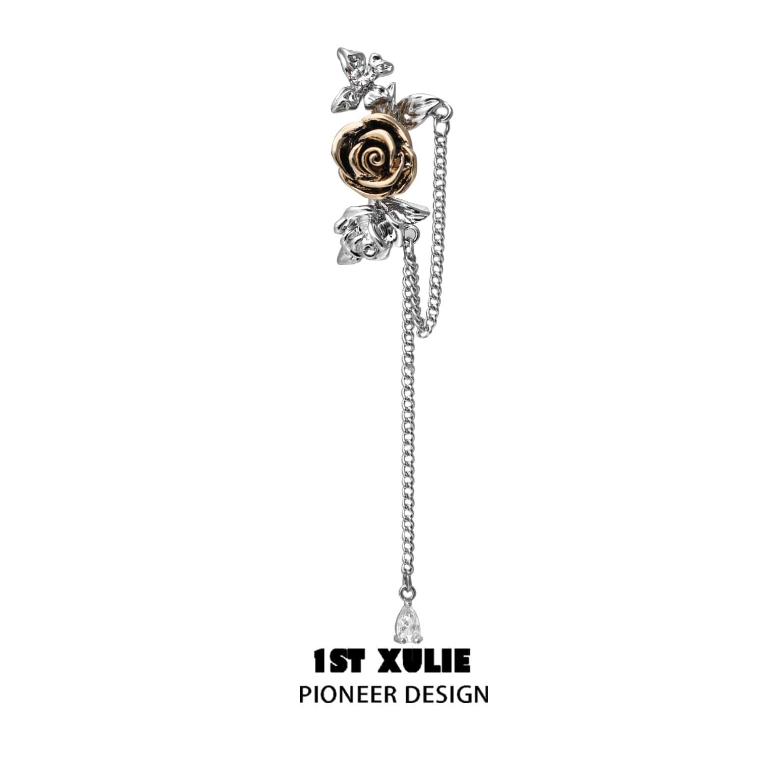 1ST XULIE "Golden Rose" Romantic Rose Chain Ear Clips in 18K Gold Plated - On Model Close-up