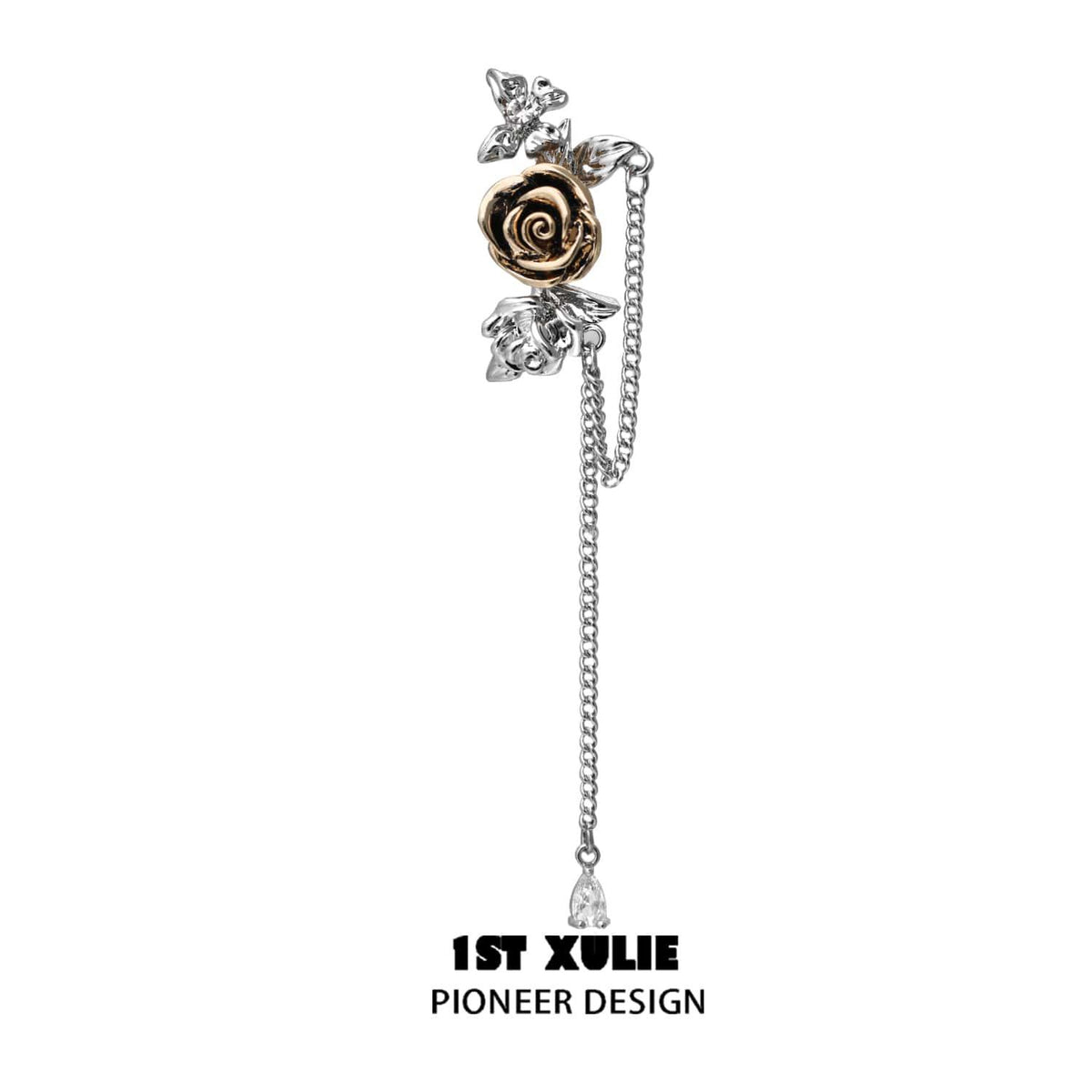 1ST XULIE "Golden Rose" Romantic Rose Chain Ear Clips in 18K Gold Plated - On Model Close-up