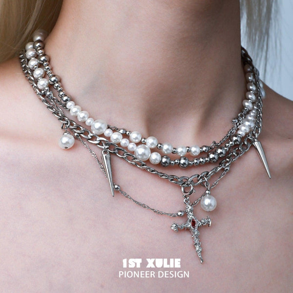 "Rose Believer" Platinum Plated Statement Layered Rose Cross Pearl Necklace