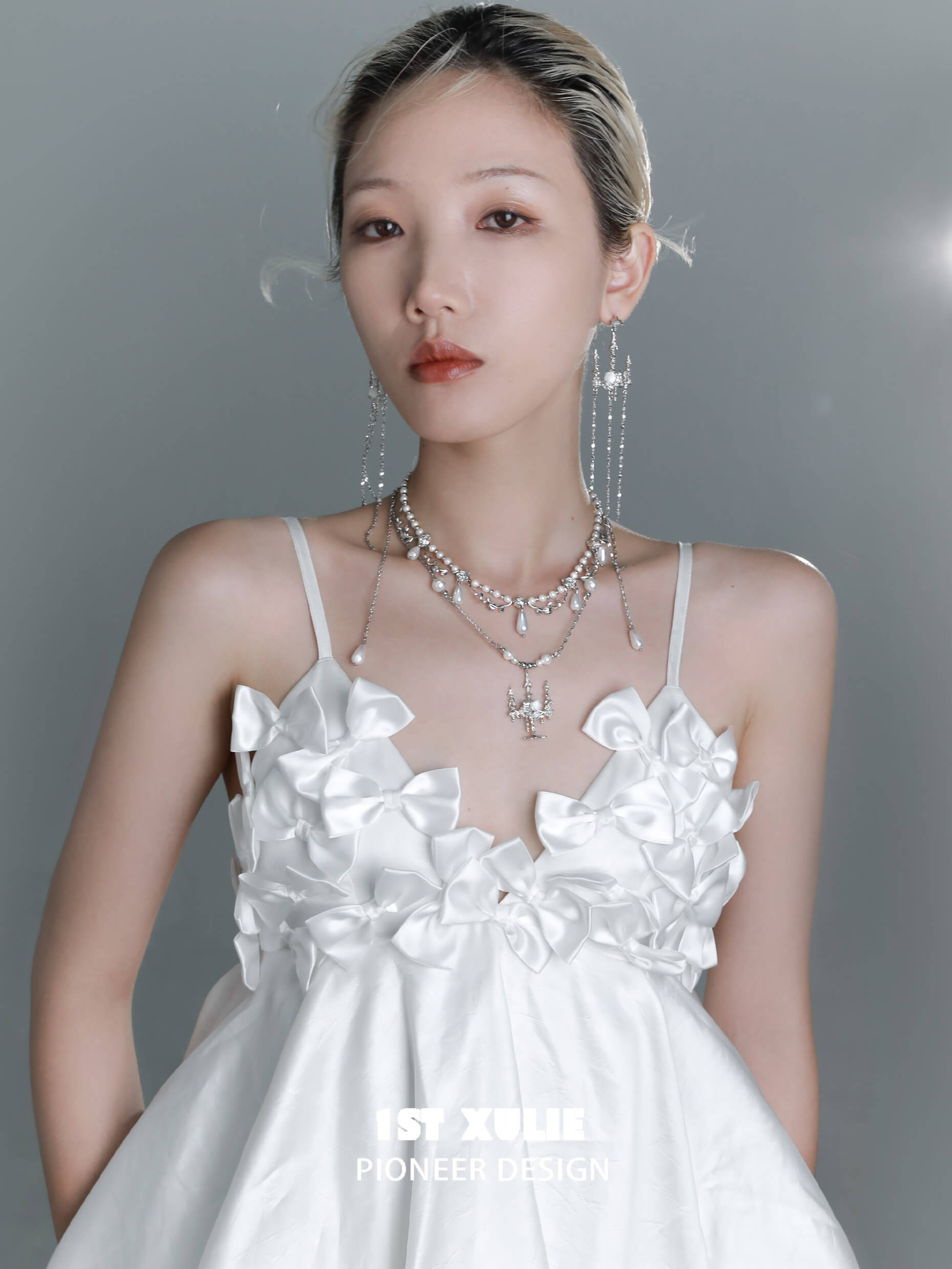 1ST XULIE "Crystal Palace" Long Dangle Rose Shell Chandelier Earrings in Platinum Plated - Side View