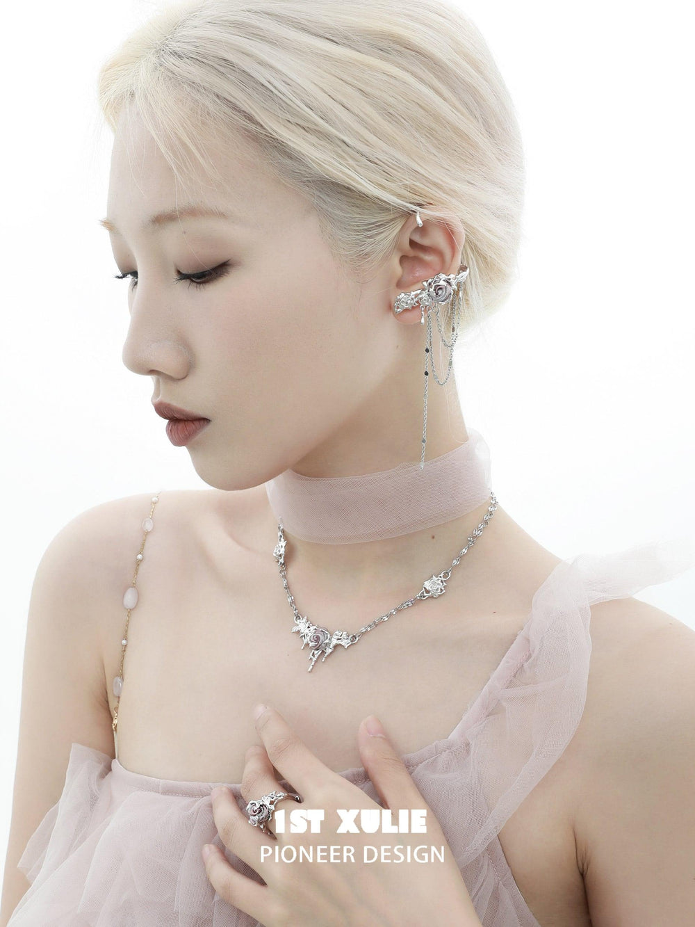 1ST XULIE "Taboo Rose" Asymmetrical Knitted Rose Tassel No-Piercing Ear Wraps in Platinum Plated - Detail Shot