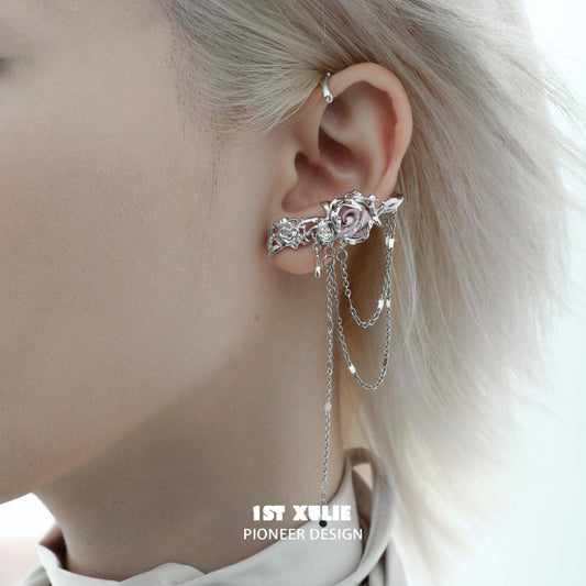 1ST XULIE "Taboo Rose" Asymmetrical Knitted Rose Tassel No-Piercing Ear Wraps in Platinum Plated - On Model