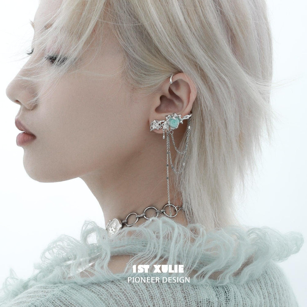 1ST XULIE "Taboo Rose" Asymmetrical Knitted Rose Tassel No-Piercing Ear Wraps in Platinum Plated - On Model Different Angle