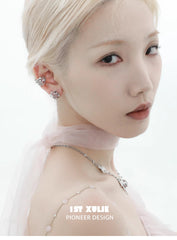1ST XULIE "Taboo Rose" Asymmetrical Knitted Rose Tassel No-Piercing Ear Wraps in Platinum Plated - On Model Front View