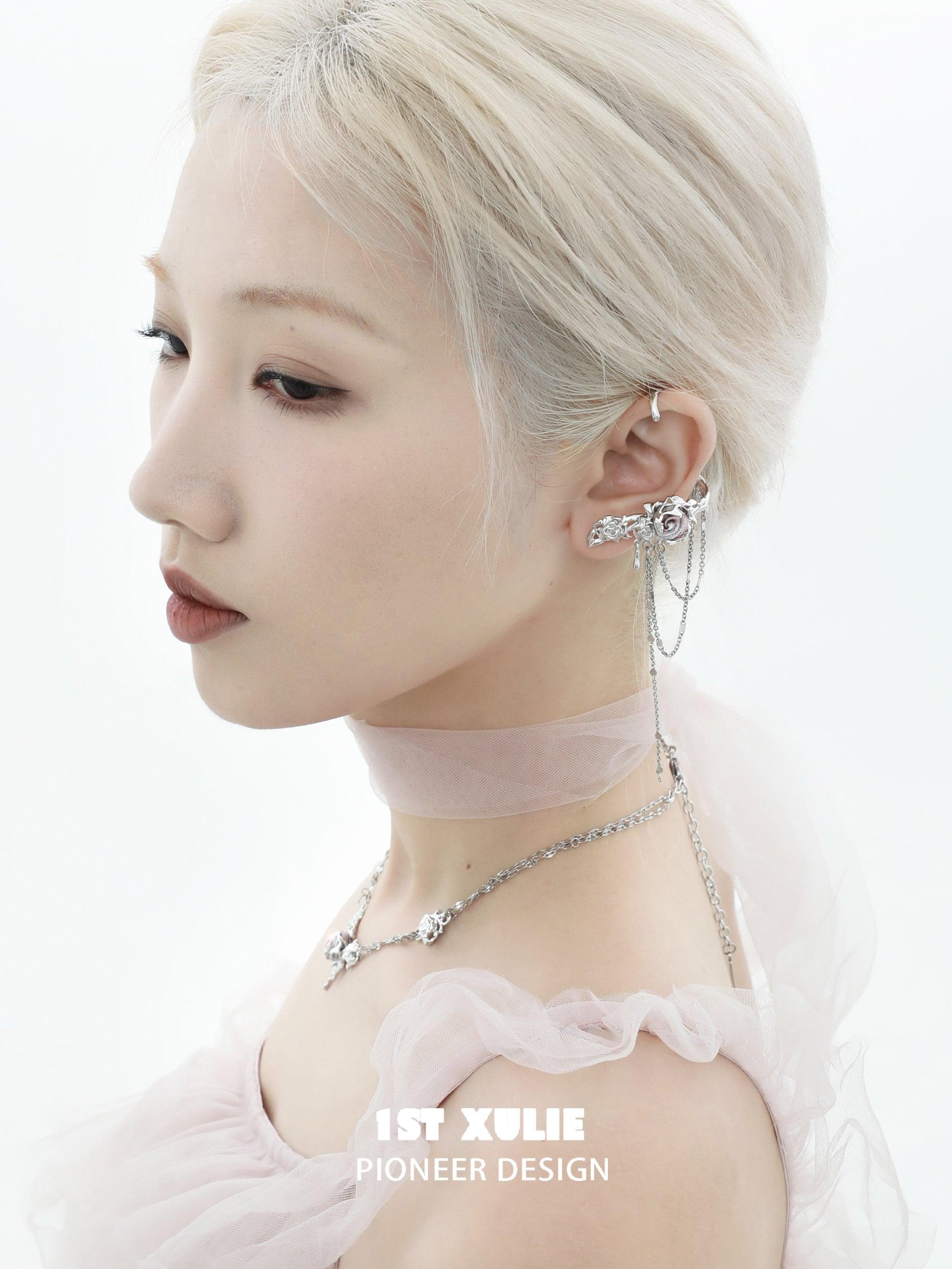 1ST XULIE "Taboo Rose" Asymmetrical Knitted Rose Tassel No-Piercing Ear Wraps in Platinum Plated - On Model Profile View