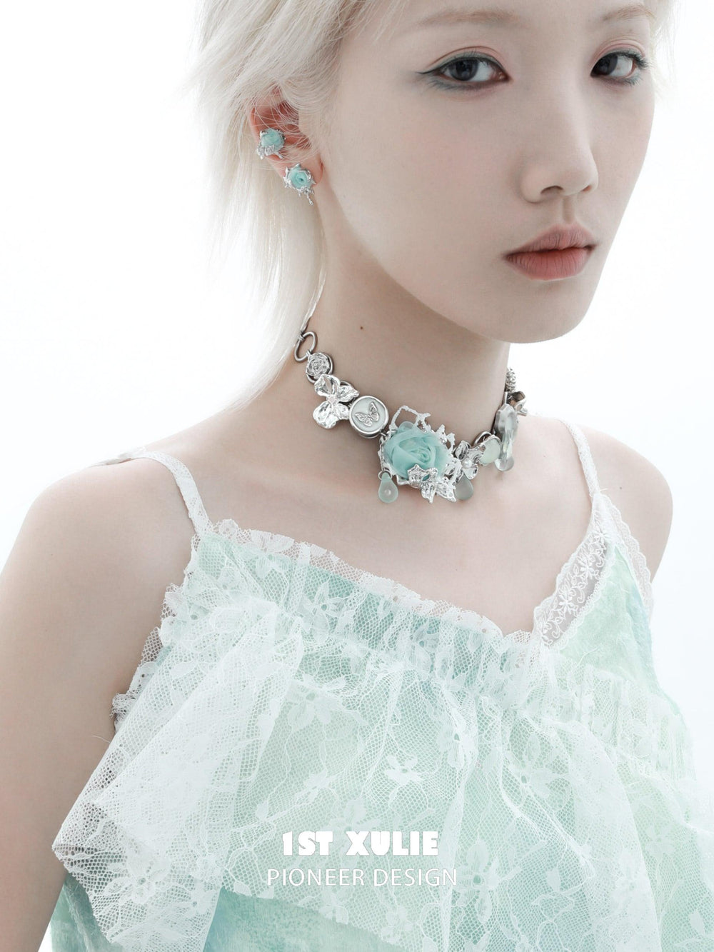 1ST XULIE "Taboo Rose" Asymmetrical Knitted Rose Tassel No-Piercing Ear Wraps in Platinum Plated - Product View of Both Pieces