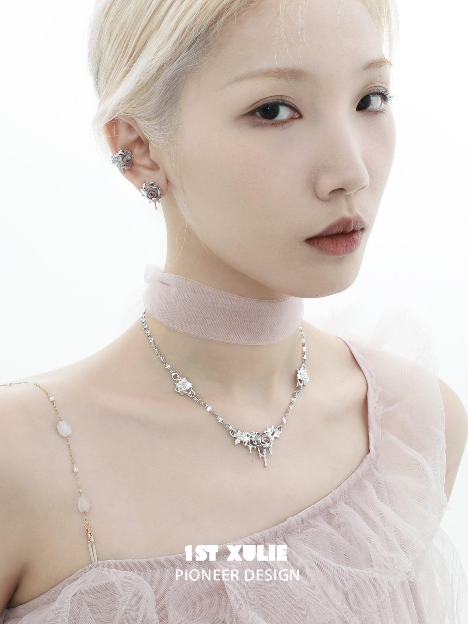 1ST XULIE "Taboo Rose" Asymmetrical Knitted Rose Tassel No-Piercing Ear Wraps in Platinum Plated - Side View