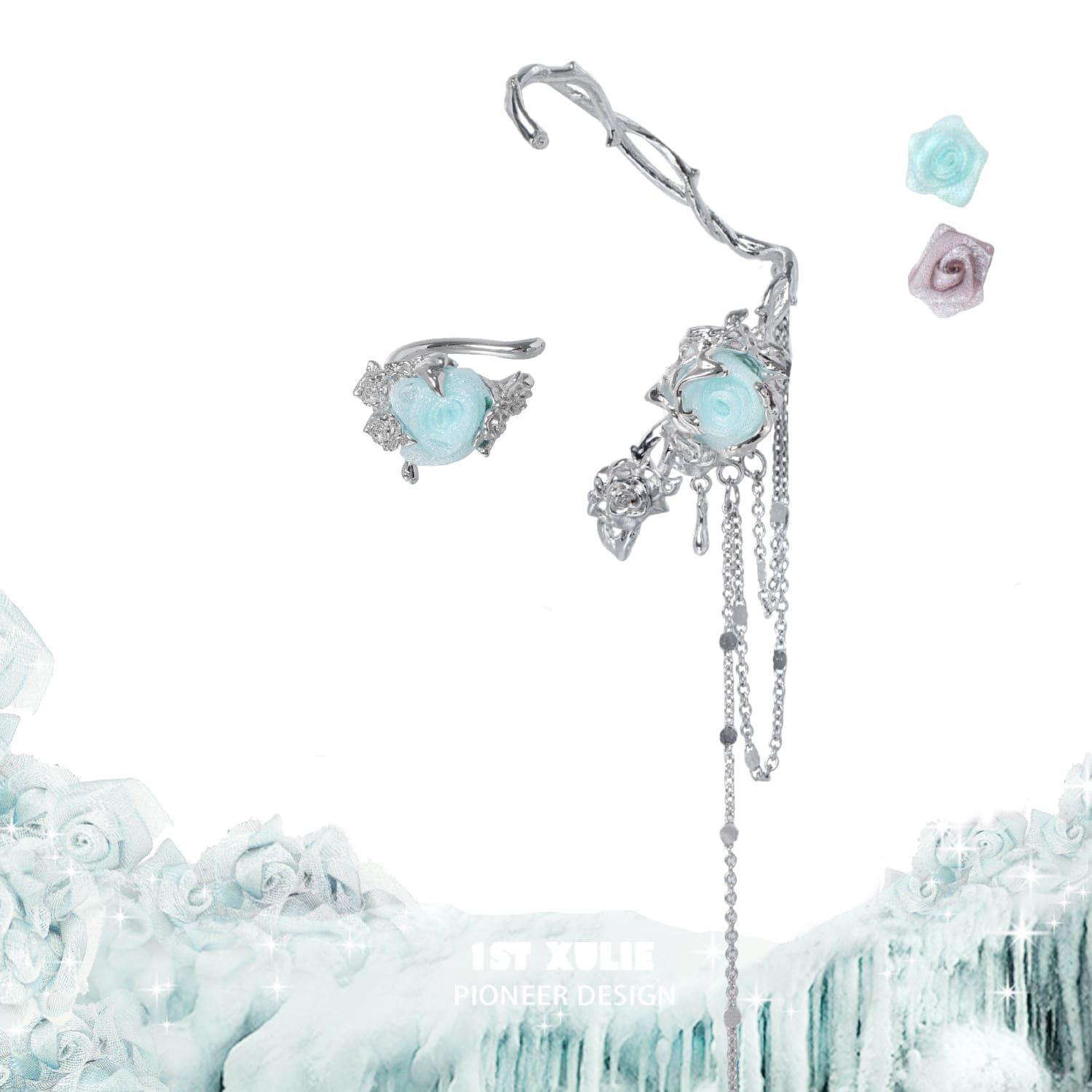 1ST XULIE "Taboo Rose" Asymmetrical Knitted Rose Tassel No-Piercing Ear Wraps in Platinum Plated - Styled Product View