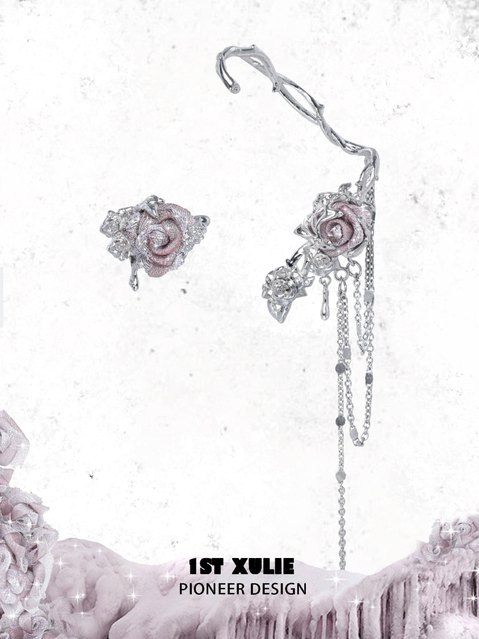 1ST XULIE "Taboo Rose" Asymmetrical Knitted Rose Tassel No-Piercing Ear Wraps in Platinum Plated - Fabric Texture Shot