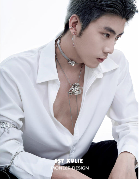 1ST XULIE "Taboo Rose" Rose Thorn Convertible Chain Bracelet in Platinum Plated - On Model as Necklace