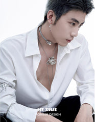 1ST XULIE "Taboo Rose" Rose Thorn Convertible Chain Bracelet in Platinum Plated - On Model as Necklace