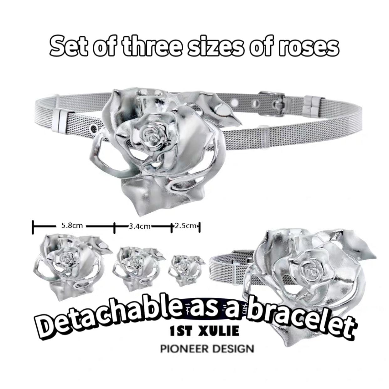 1ST XULIE "Taboo Rose" Rose Thorn Convertible Chain Bracelet in Platinum Plated - Styled as a Choker on Model