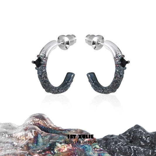 1ST XULIE "Scorch" Gradient Pavé Huggie Hoop Earrings in Platinum Plated - On Model
