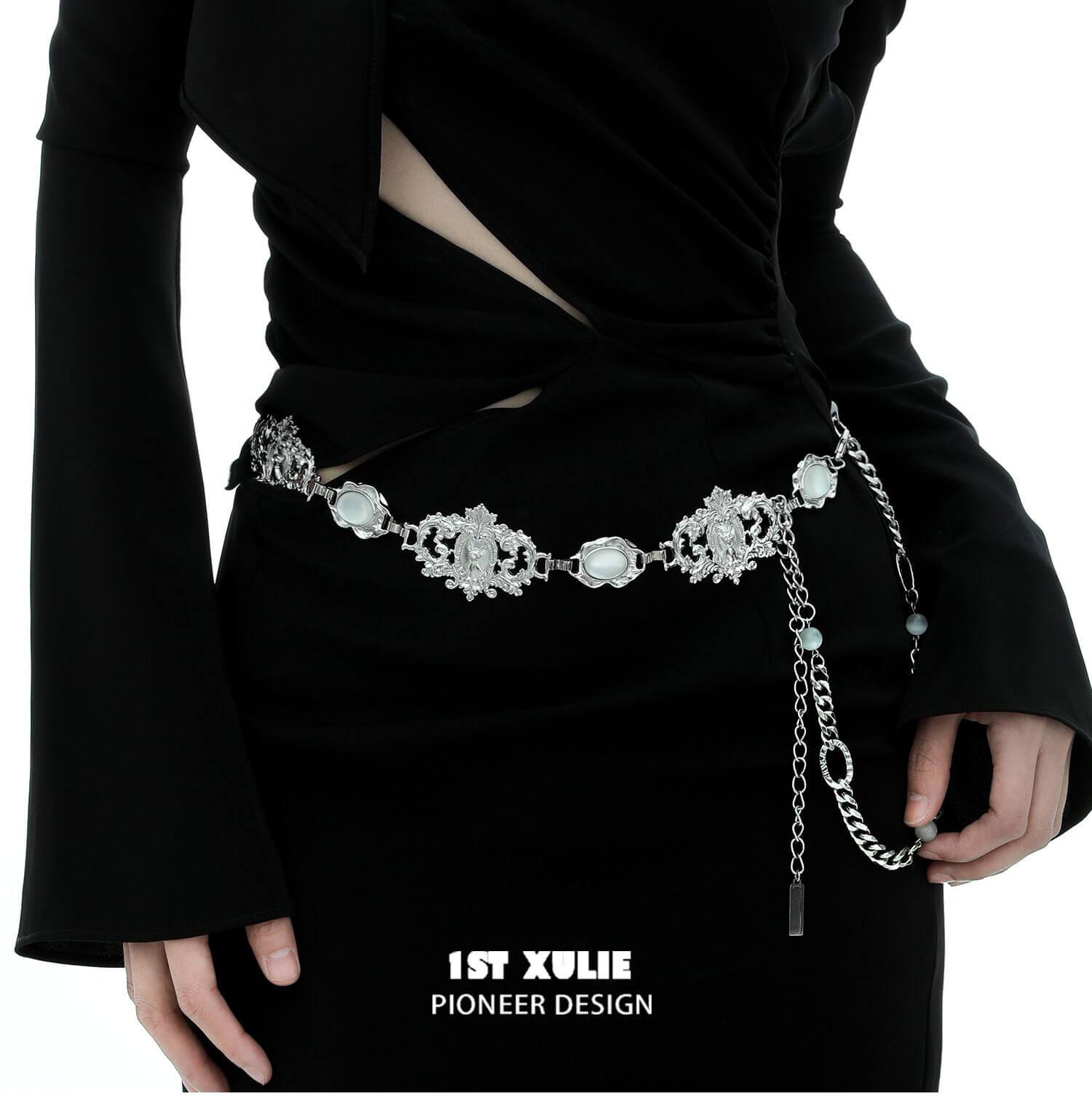 1ST XULIE "Bastet" Segmented Waist Chain in Platinum Plated - On Model