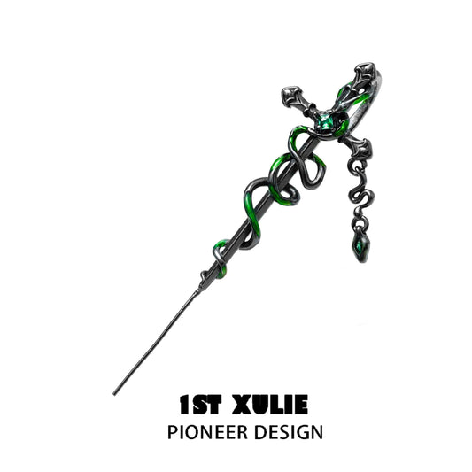 1ST XULIE "Slytherin House" Statement Serpent Cross Dangle Earrings in 18K Black Gold Plated - Product View