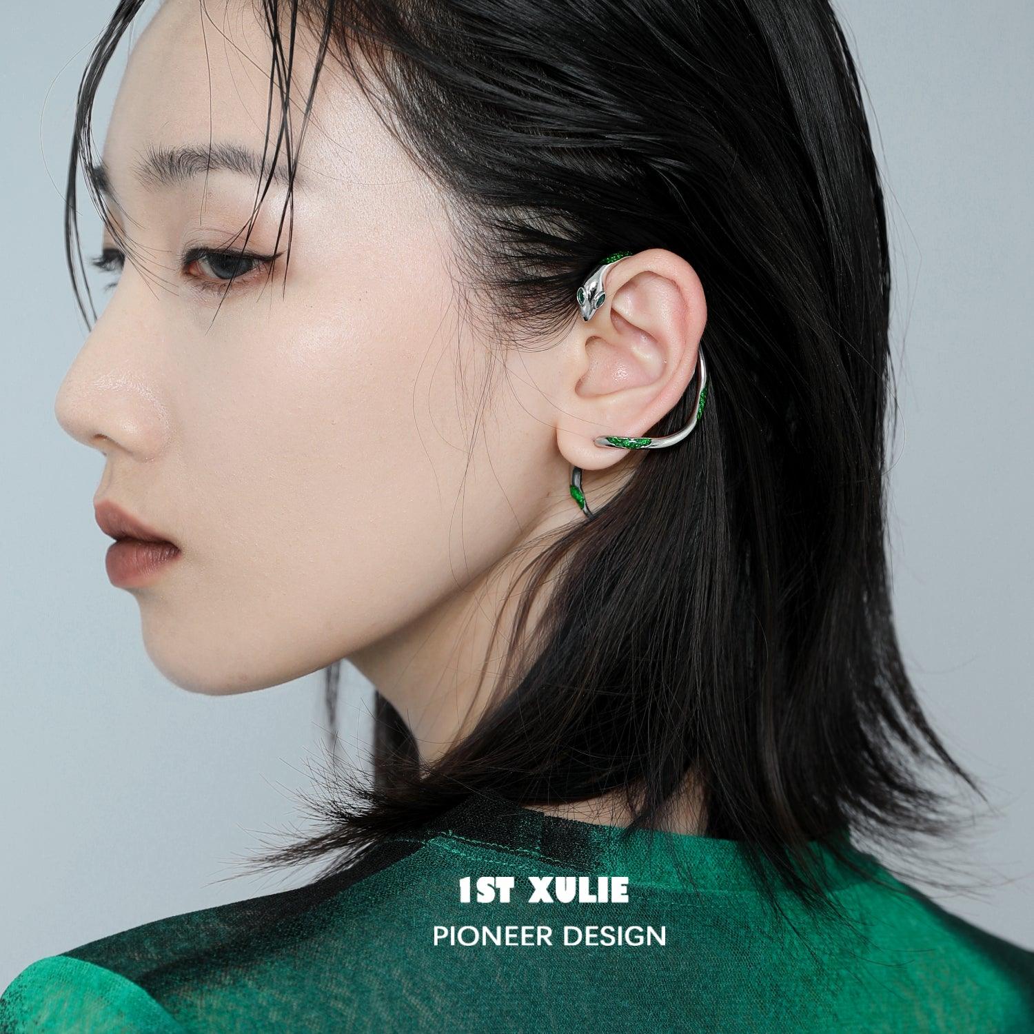 1ST XULIE "Slytherin House" Serpent Ear Climber Earrings in Platinum Plated - Detail Shot