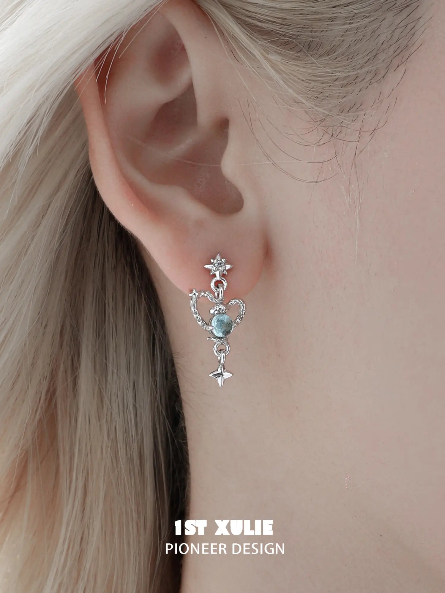 1ST XULIE Jewelry "Snake Bite" Serpent Heart Statement Dangle Earrings in 925 Sterling Silver - Detail Shot