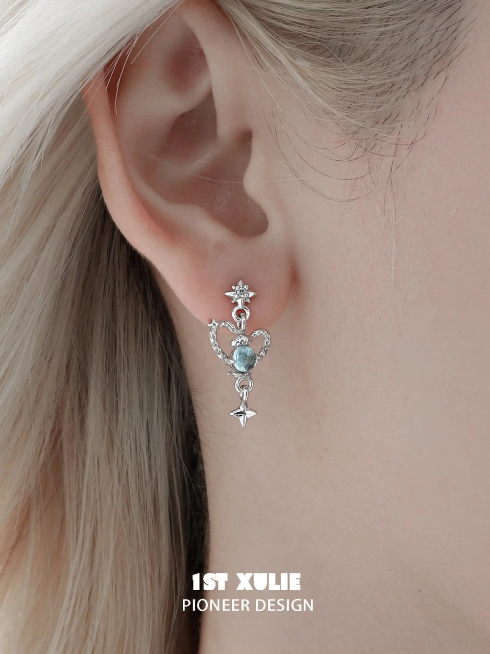 1ST XULIE Jewelry "Snake Bite" Serpent Heart Statement Dangle Earrings in 925 Sterling Silver - Detail Shot