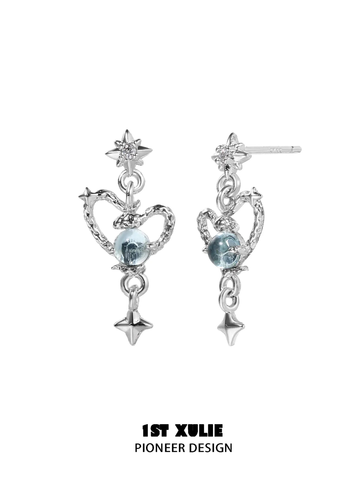 1ST XULIE Jewelry "Snake Bite" Serpent Heart Statement Dangle Earrings in 925 Sterling Silver - Side View