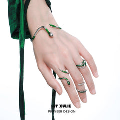 1ST XULIE "Slytherin House" Avant-garde Adjustable Serpent Knuckle Ring in 925 Sterling Silver - On Model