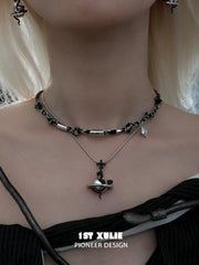 1ST XULIE "Snake Bite" Statement Entwined Serpent Layered Necklace in Platinum & Black Gold Plate - On Model Close Up